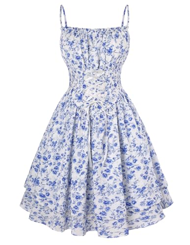 SCARLET DARKNESS Damen Cottagecore Sundress Doppelter Saum Spaghetti Trägerkleid Beige Dunkelblau Blumen XXL von SCARLET DARKNESS