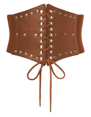 SCARLET DARKNESS Damen Elastischer Gürtel Kunstleder Lace up vorne Mittelalter Taillengürtel Hellbraun mit Nieten XL von SCARLET DARKNESS