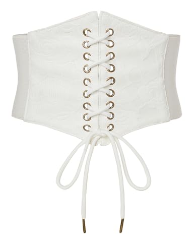 SCARLET DARKNESS Damen Elastischer Gürtel Kunstleder Lace up vorne Mittelalter Taillengürtel Weiß mit Spitze XL von SCARLET DARKNESS