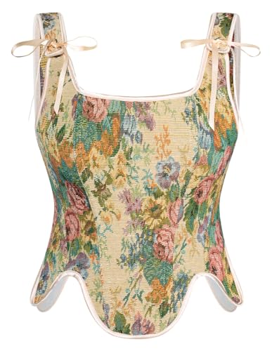 SCARLET DARKNESS Damen Elegant Bustier Unregelmäßiger Saum Blumendruck Party Crop Tops Aprikose Ölgemälde 44 von SCARLET DARKNESS