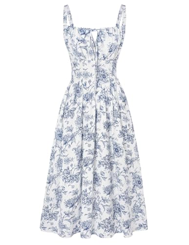 SCARLET DARKNESS Damen Freizeit Maxikleid Elegant mit Schnürung Gesmokt Sommerkleid Dunkelblau-Weiß Streifen Blumen XL von SCARLET DARKNESS