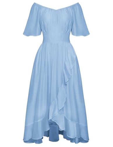 SCARLET DARKNESS Damen Frühling Sommer Maxi Kleid Elegant mit Tasche Gesmokt Freizeitkleid Hellblau XXL von SCARLET DARKNESS