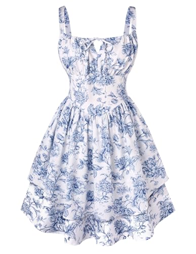 SCARLET DARKNESS Damen Frühling Sommer Sundress Hohe Taille mit Blumendruck Kleid Dunkelblau-Weiß Blumen Blumen XL von SCARLET DARKNESS