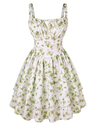 SCARLET DARKNESS Damen Frühling Sommer Sundress Hohe Taille mit Blumendruck Kleid Weiß-Grün Blumen Blumen XL von SCARLET DARKNESS