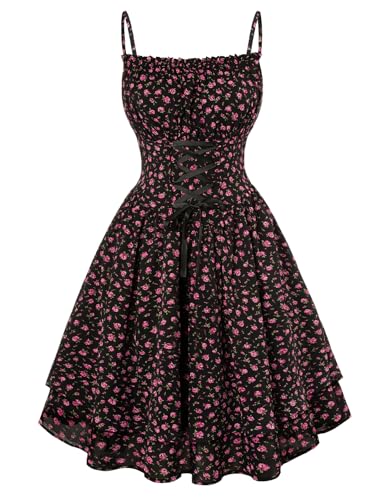 SCARLET DARKNESS Damen Frühling Sommerkleid Elegant Gesmokt Ärmellos Boho Strandkleid Schwarz Rosa Blumen S von SCARLET DARKNESS