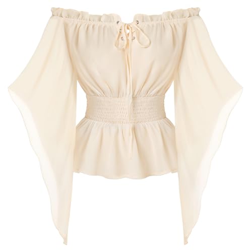 SCARLET DARKNESS Damen Gothic Steampunk Piratenbluse Halloween Karneval Festlich Wiking Hemd Aprikose XXL von SCARLET DARKNESS