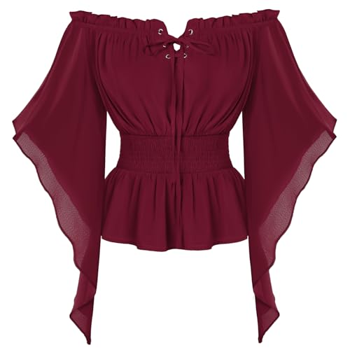 SCARLET DARKNESS Damen Gothic Steampunk Piratenbluse Halloween Karneval Festlich Wiking Hemd Rotwein XXL von SCARLET DARKNESS