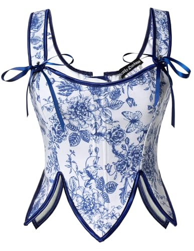 SCARLET DARKNESS Damen Korsett Tops für Halloween Floral Lace Up Boned Bustier with Reißverschluss Blaue Blumen 46 von SCARLET DARKNESS