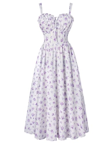 SCARLET DARKNESS Damen Lang Lila Blumenmuster Ärmellos Midikleid mit Herzausschnitt Leicht Luftig Sommerkleid für Strand und Festival L von SCARLET DARKNESS