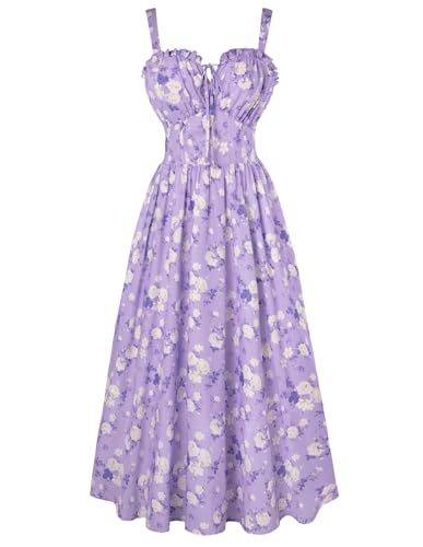 SCARLET DARKNESS Damen Lang Lila-Weiß Blumen Ärmellos Midikleid mit Herzausschnitt Leicht Luftig Sommerkleid für Strand und Festival L von SCARLET DARKNESS