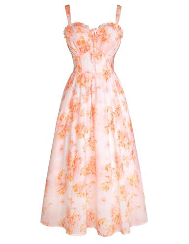 SCARLET DARKNESS Damen Lang Orange Blumenmuster Ärmellos Midikleid mit Herzausschnitt Leicht Luftig Sommerkleid für Strand und Festival L von SCARLET DARKNESS