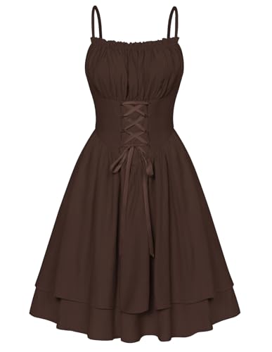 SCARLET DARKNESS Damen Lolita Rokoko Kleid Knielang Korsett Milkmaid Spaghetti Trägerkleid Kaffee XXL von SCARLET DARKNESS