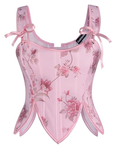 SCARLET DARKNESS Damen Medival Floral Korsett Elegant Quadratischer Hals mit Fishbone Tank Top Rosa Blumen 38 von SCARLET DARKNESS