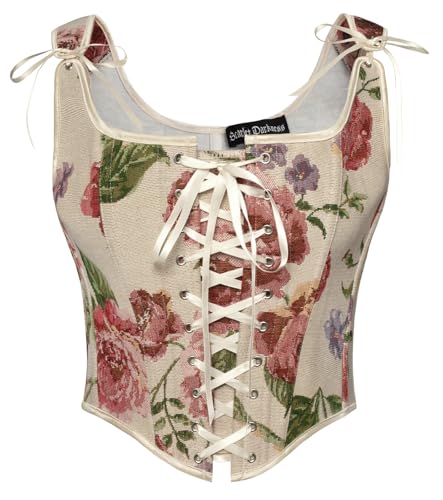 SCARLET DARKNESS Damen Medival Floral Print Corsage Klassisch Retro Unterbrust Boho Elfen Kostüm Aprikose Rot Blumen 48 von SCARLET DARKNESS