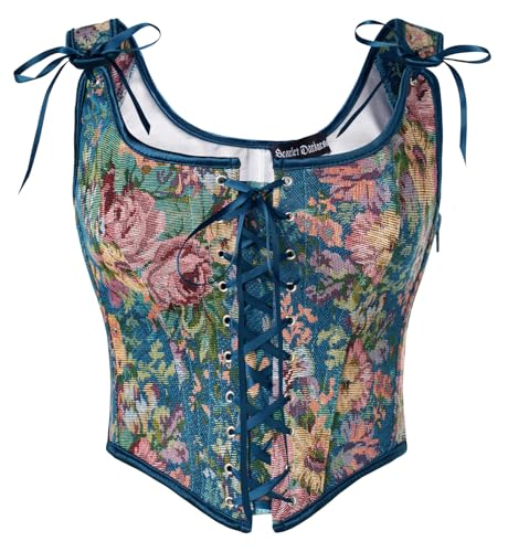 SCARLET DARKNESS Damen Medival Floral Print Corsage Klassisch Retro Unterbrust Boho Elfen Kostüm Dunkelblau Blumen 48 von SCARLET DARKNESS