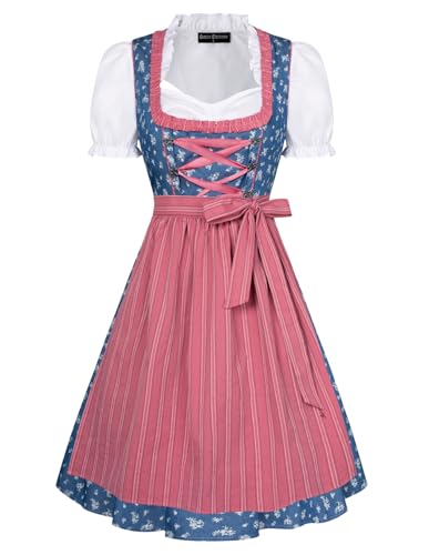 SCARLET DARKNESS Damen Midi Trachtenkleid Trachtenrock Trachtenmode Dirndl Bluse Jeansblau und Rosa L von SCARLET DARKNESS