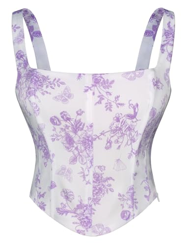 SCARLET DARKNESS Damen Mittelalter Blumen Korsett Gesmockt Square Neck Gebogener Saum Trachtenmieder Lila Druck auf Weiß M von SCARLET DARKNESS