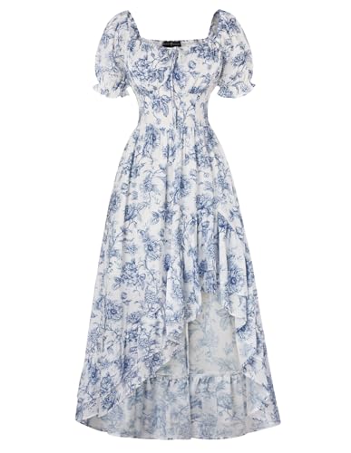 SCARLET DARKNESS Damen Mittelalter Blumenkleid Gesmokt Taille Lace-up Viktorianisches Strandkleid Weiß Blau Linien S von SCARLET DARKNESS