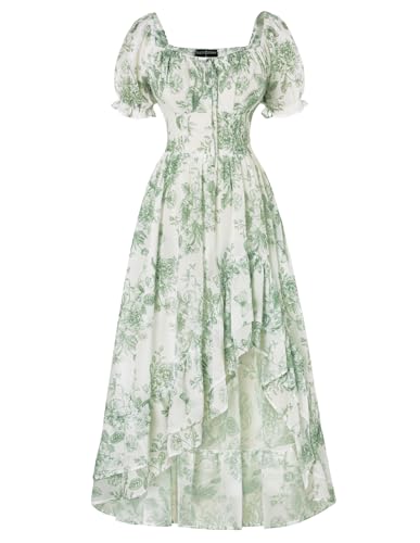 SCARLET DARKNESS Damen Mittelalter Blumenkleid Gesmokt Taille Lace-up Viktorianisches Strandkleid Weiß Grün Linien S von SCARLET DARKNESS