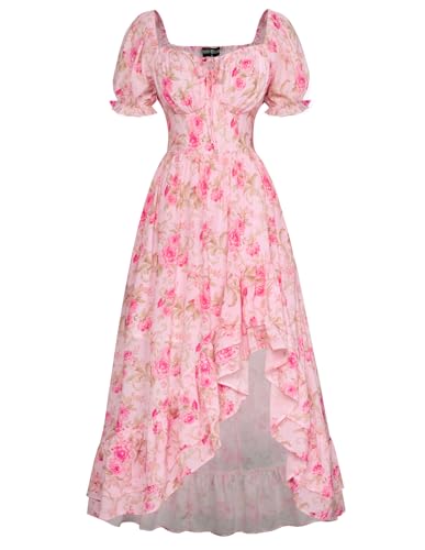 SCARLET DARKNESS Damen Mittelalter Blumenkleid Puffärmel Gesmokt Taille Lace-up Viktorianisches Strandkleid Rosa S von SCARLET DARKNESS