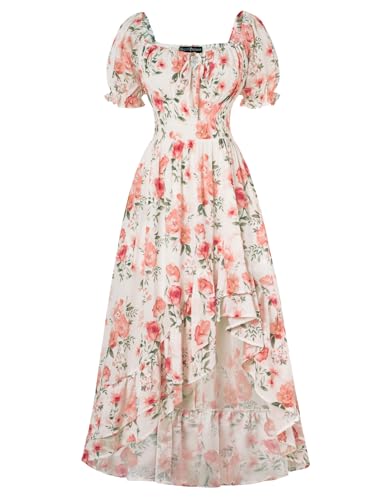 SCARLET DARKNESS Damen Mittelalter Blumenkleid Puffärmel Gesmokt Taille Lace-up Viktorianisches Strandkleid Weiß Orange S von SCARLET DARKNESS