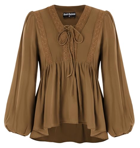 SCARLET DARKNESS Damen Mittelalter Bluse V-Ausschnitt Langarm Renaissance Trachtenbluse Elastischer Taille Oberteile Kurkuma L von SCARLET DARKNESS