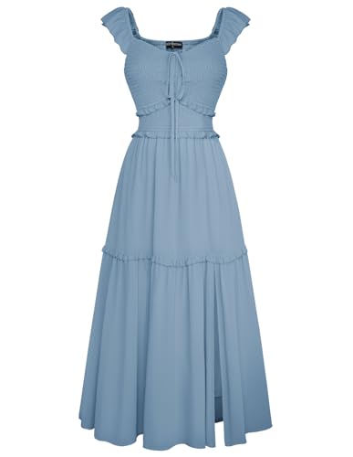 SCARLET DARKNESS Damen Mittelalter Chiffon Maxikleid Ärmellos Gesmockt mit Kordelzug Boho Sommerkleid Himmelblau L von SCARLET DARKNESS