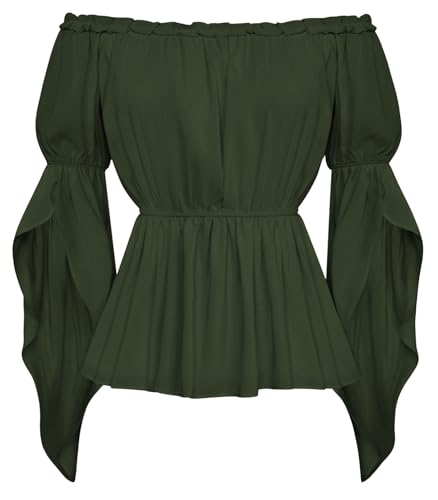 SCARLET DARKNESS Damen Mittelalter Corsagenbluse Vintage Retro Off Shoulder Einfarbig Carmenbluse Olivgrün L von SCARLET DARKNESS