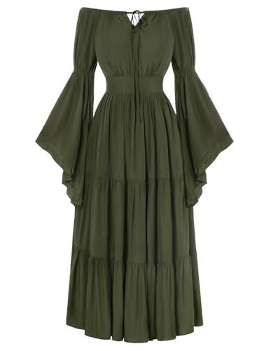 SCARLET DARKNESS Damen Mittelalter Corsagenkleid Rockabilly Hohe Taille Flowy Swingkleid Olivgrün M von SCARLET DARKNESS