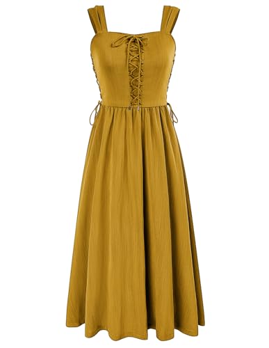 SCARLET DARKNESS Damen Mittelalter Cottagecore Dress Ärmellos Square Neck mit Taschen Spaghetti Kleid L Ingwergelb Neue Größe von SCARLET DARKNESS