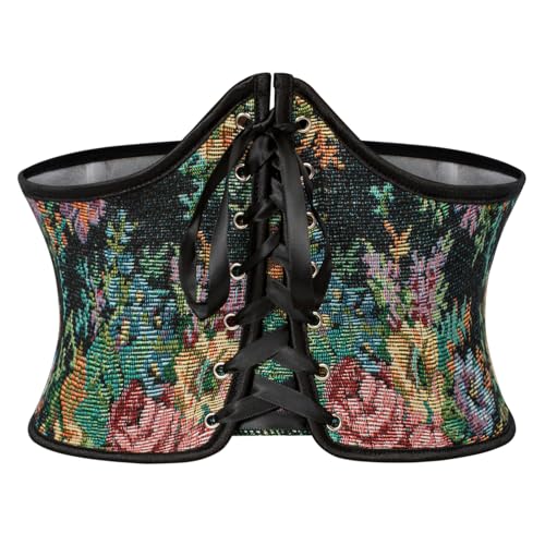 SCARLET DARKNESS Damen Mittelalter Gürtel Lace-up Breiter Waspie Gürtel Corset Schnürkorsett Schwarz mit Blumendruck 38 von SCARLET DARKNESS