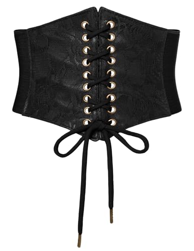 SCARLET DARKNESS Damen Mittelalter Gürtel Lace up vorne Elastischer Bund Korsett Breiter Gürtel Schwarz mit Spitze L von SCARLET DARKNESS