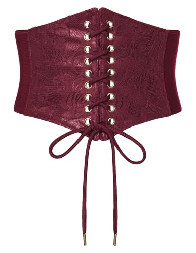 SCARLET DARKNESS Damen Mittelalter Gürtel Lace up vorne Elastischer Bund Korsett Breiter Gürtel Weinrot mit Spitze L von SCARLET DARKNESS