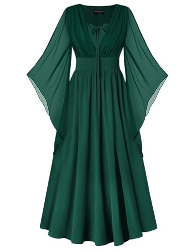SCARLET DARKNESS Damen Mittelalter Kleid Gesmokte Taille V-Ausschnitt 3/4 Glockenärmel Maxi Wikinger Kleidung Dunkelgrün M von SCARLET DARKNESS