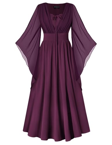 SCARLET DARKNESS Damen Mittelalter Kleid Gesmokte Taille V-Ausschnitt 3/4 Glockenärmel Maxi Wikinger Kleidung Dunkelviolett M von SCARLET DARKNESS
