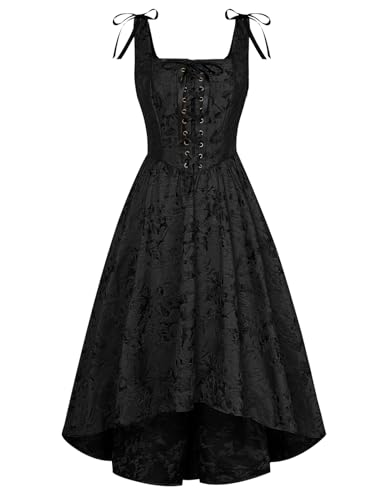SCARLET DARKNESS Damen Mittelalter Kleid Lace-up vorne High-Low Saum Spaghettiträger Rockabilly Kleider Schwarz 38 von SCARLET DARKNESS