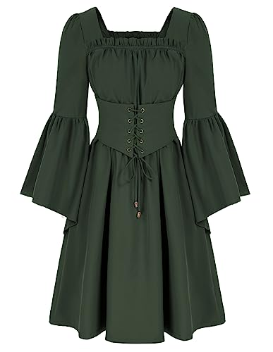 SCARLET DARKNESS Damen Mittelalter Kleider Langarm mit Gürtel Square Ausschnitt Vintage Party Kleid Armeegrün XXL von SCARLET DARKNESS