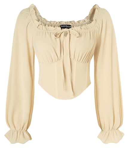 SCARLET DARKNESS Damen Mittelalter Korsett Oberteil Lang Laternenärmel Crop Top Elastische Taille Vintage Bluse Aprikose L von SCARLET DARKNESS