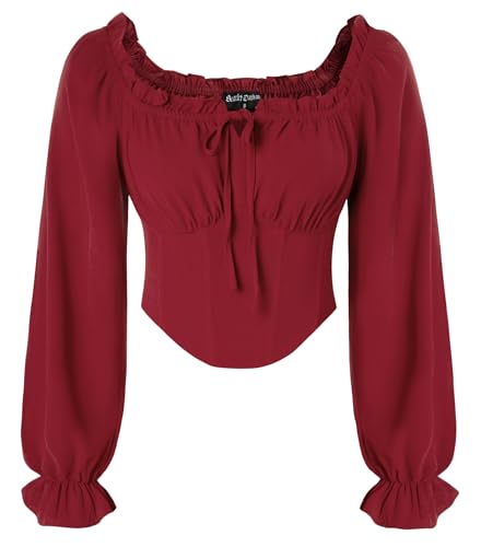 SCARLET DARKNESS Damen Mittelalter Korsett Oberteil Lang Laternenärmel Crop Top Elastische Taille Vintage Bluse Weinrot L von SCARLET DARKNESS