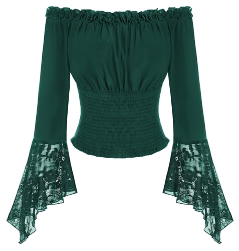 SCARLET DARKNESS Damen Mittelalter Oberteil Langarm mit Spitze Off Shoulder Gesmokte Taille Vintage Trachtenbluse Dunkelgrün L von SCARLET DARKNESS