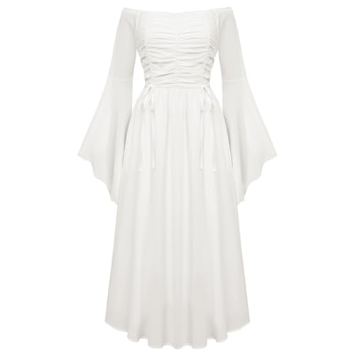 SCARLET DARKNESS Damen Mittelalter Rockabilly Kleid Langearm mit Falten Lace-Up Lange Abendkleid Weiß L von SCARLET DARKNESS