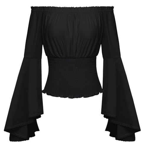 SCARLET DARKNESS Damen Mittelalter Spitzenbluse Off Shoulder Cottagecore Langarm Country Oberteile Schwarz L von SCARLET DARKNESS