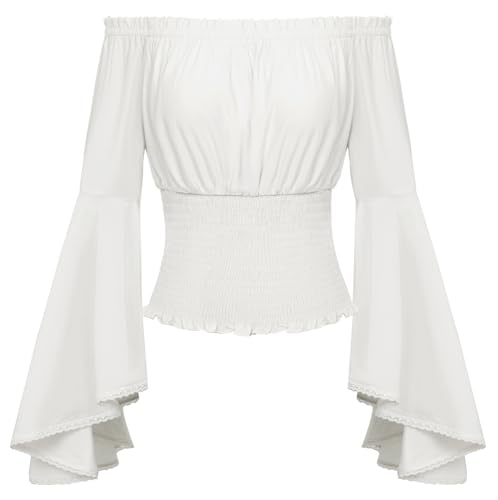 SCARLET DARKNESS Damen Mittelalter Spitzenbluse Off Shoulder Cottagecore Langarm Country Oberteile Weiß L von SCARLET DARKNESS