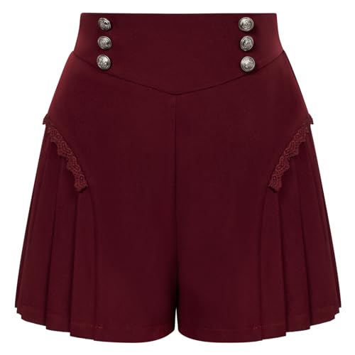 SCARLET DARKNESS Damen Mittelalter Shorts Elastische Taille Plissiert Breites Bein Casual Kurze Hosen Rotwein L von SCARLET DARKNESS