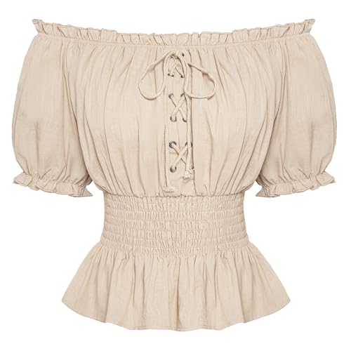 SCARLET DARKNESS Damen Mittelalter Trachtenbluse Vintage Schulterfrei Lace Up Country Bluse Aprikose L von SCARLET DARKNESS