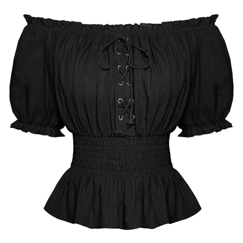 SCARLET DARKNESS Damen Mittelalter Trachtenbluse Vintage Schulterfrei Lace Up Country Bluse Schwarz L von SCARLET DARKNESS