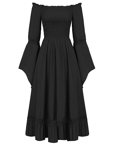 Damen Mittelalter Cottagecore Dress Off Shoulder Hohe Taille A-Linie Abendkleid Schwarz XXL von SCARLET DARKNESS