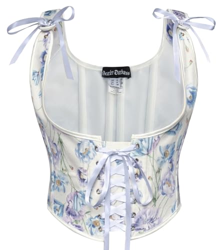 SCARLET DARKNESS Damen Mittlalter Korsett Blumendruck U-Ausschnitt Lace-up Elegant Corsage Weste Blau Violette 36 von SCARLET DARKNESS