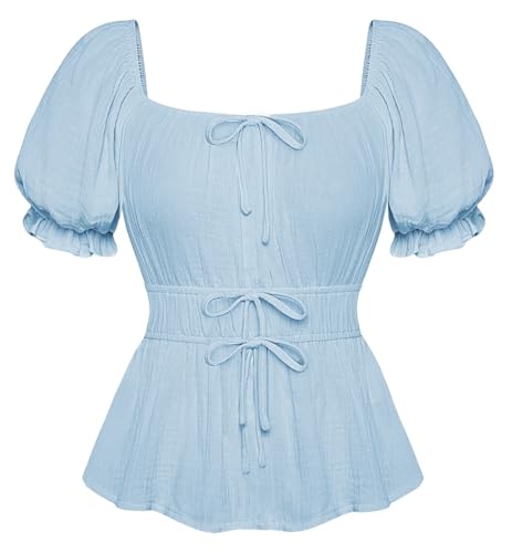 SCARLET DARKNESS Damen Oberteile Mittelalter Kleidung Elegant Schulterfrei Tops mit Rüschenärmel Dirndl Bluse Hellblau S von SCARLET DARKNESS