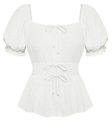 SCARLET DARKNESS Damen Oberteile Mittelalter Kleidung Elegant Schulterfrei Tops mit Rüschenärmel Dirndl Bluse Weiß S von SCARLET DARKNESS